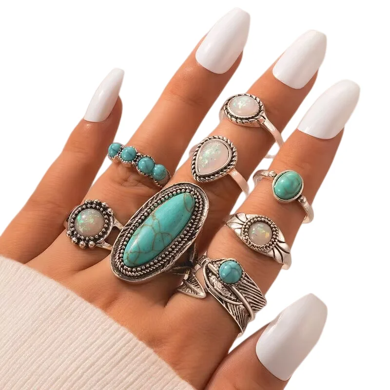 Turquoise Finger Rings Set of 8 for Women