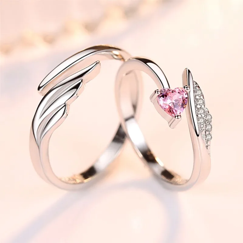 Stylish Dual Silver Couple Rings with Pink Stone