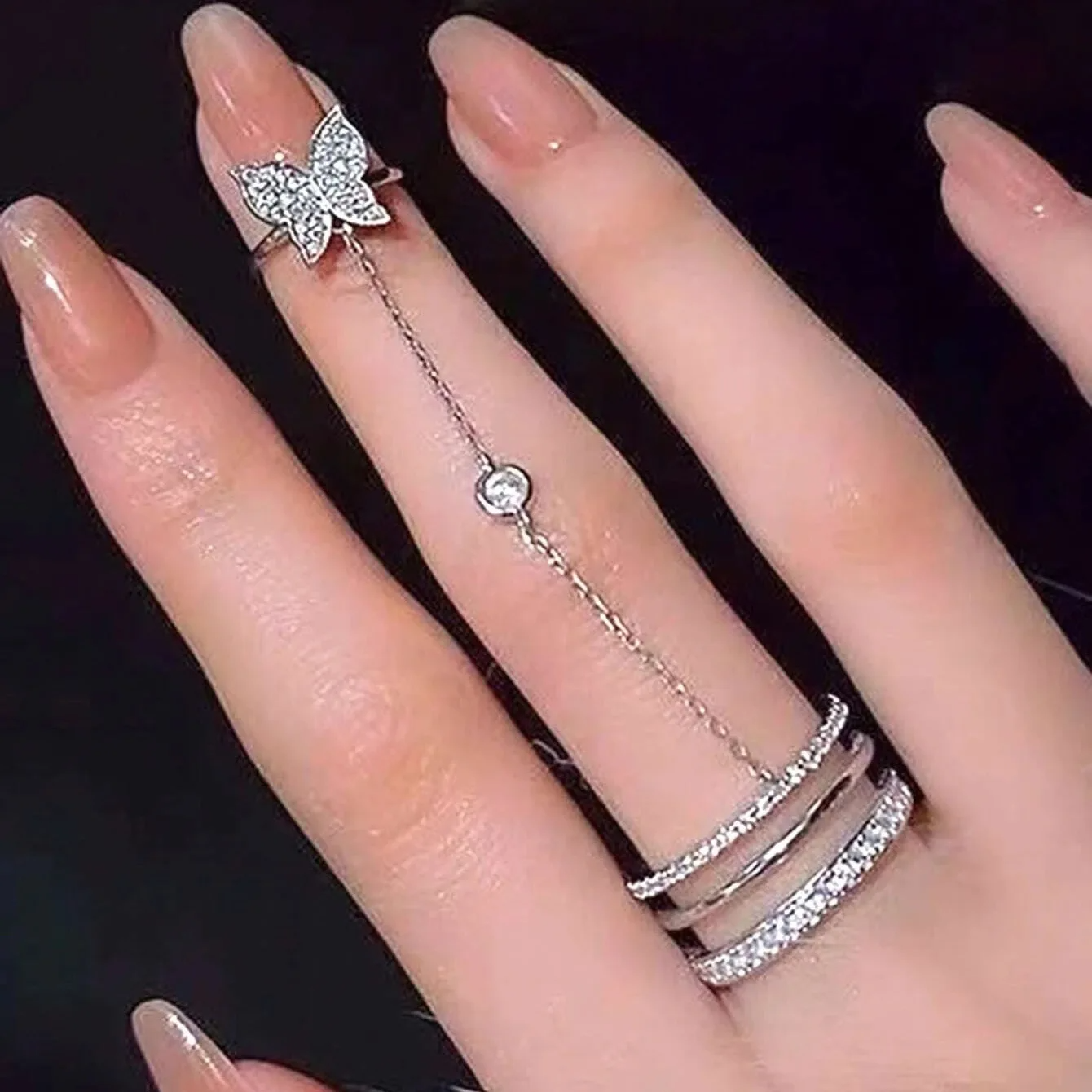Butterfly Chain Ring Set for Women – Adjustable, Silver Plated, Diamond Studded
