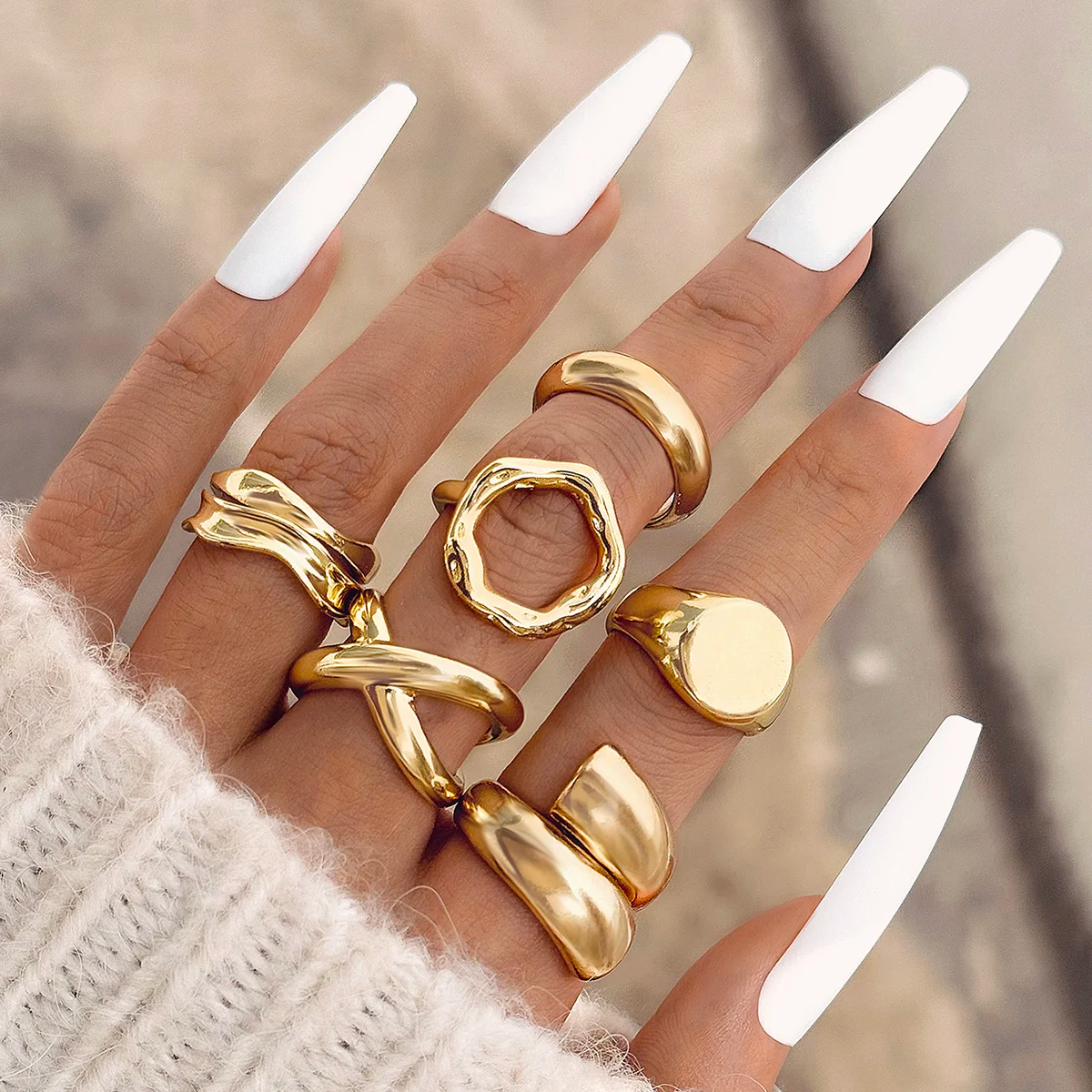 Gold Statement Ring Set of 6 for Women