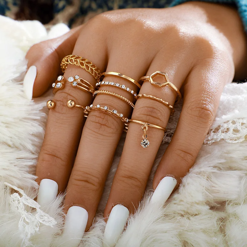 8-Piece Gold Plated Ring Set– Heart, Crystal, and Trendy Designs