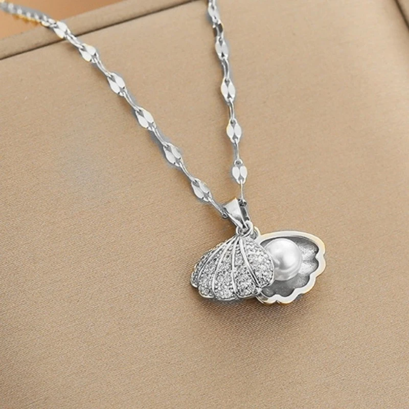 Shell Pearl Necklace with Stainless Steel Chain for Women & Girls Cubic Zircon