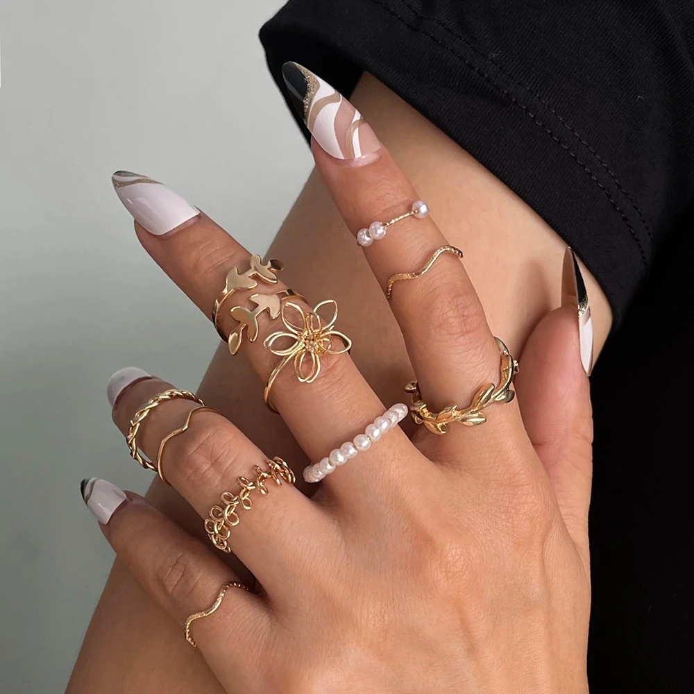 Set of 10 Adjustable Floral Finger Rings for Women